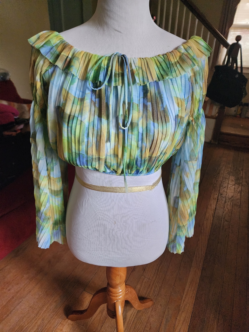 Zara Pleated Off-Shoulder Floral Crop Top in Blue, Green & Yellow